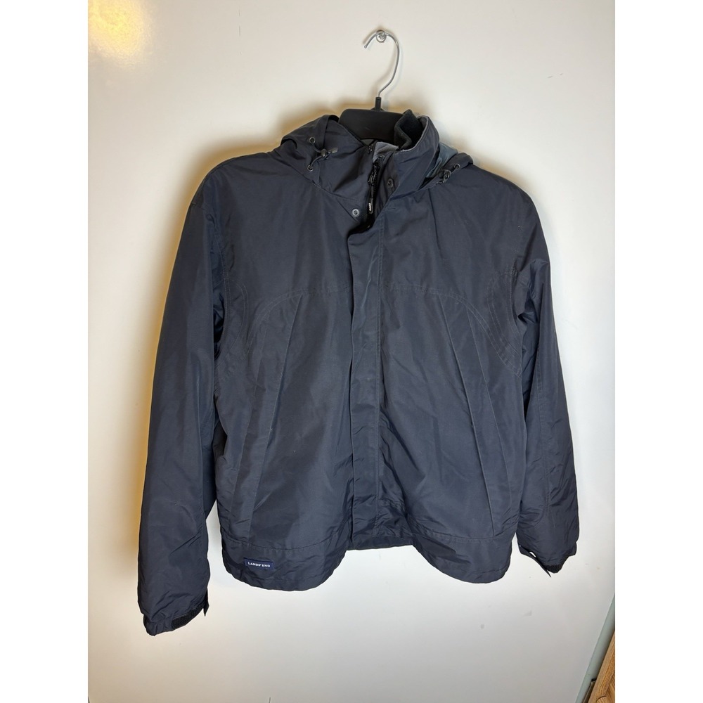 Lands End Lined Jacket Windbreaker Size Large Gray Hood And Tech Pockets